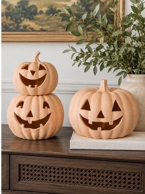 HallowHome 3pc Terracota Like Pumpkins Jack o Lantern Stacking Homegoods NEW!
